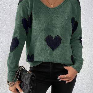 Autumn en Winter Hot-Selling Casual Elegante V-Hals Pullover met Hartborduursel in Contrasterende Kleur Jeugdige Sweater Top