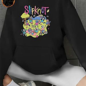Slipknot Cartoon Graphic Hoodie With Kangaroo Pocket - Casual Long Sleeve Hooded Sweatshirt For Women, Polyester Knit Fabric, Printed Design