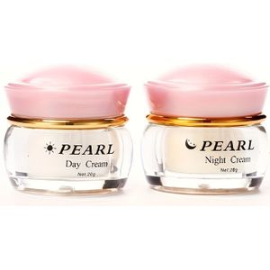 Verpakte set van 2 stuks Parelpoeder Verhelderende Crème, Diepe Hydratatie en Voeding, Lichtbeige Gehydrateerd Gladmakend, Dagcrème & Nachtcrème