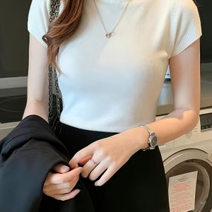 Nieuw stijl gebreide veelzijdige ontwerp half-hoge kraag korte mouw dun pullover