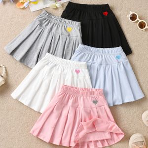 Schattige Meisjes Basis Kleur Hart Borduurwerk Schoolstijl Shorts Skort, Kinderen Multikleurig 5- Balletrok Plooirok, Veelzijdige Zomeroutfit voor Kleine Meisjes