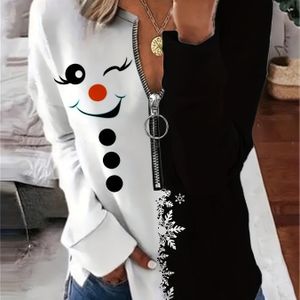 Elegante Plus Size Kerst Sneeuwpop Zipper Sweatshirt - 100% Polyester Breiselstof, V-hals Pullover met Medium Stretch, Feestelijk Midden-Oosters Stijl Ontwerp