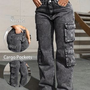 Dames High-Waist Cargo Jeans - Stretch Denim Wijde Pijpen Broek met Meerdere Zakken, Casual Cargo Stijl, , Comfortabel voor Casual Kleding, High Waisted Jeans