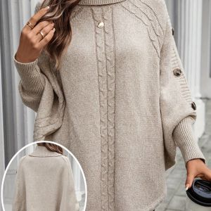 Vrouwen Elegante Hoge-Hals Asymmetrische Zoom Cape Trui - Knoopversierde Vleermuismouwen, Kabeltextuur, Lichtroze, Perfect voor Herfst/Winter Woon-werkverkeer & Winkelen, Wintertrui