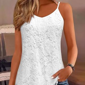 Stijlvolle Zwarte Kanten V-Hals Mouwloze Tanktop voor Dames - Zomerse Casual Dracht, Bloemenpatroon, Rekbare Stof, Perfect voor Weekenduitjes, Dames Tanktops