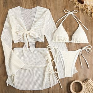 4-delige Lauvoco damesbikiniset - Hoge rek polyester met elastaan, mouwloze off-the-shoulder cover-up, mesh rok met vetersluiting, effenkleurig badpak met gebreide stoffen
