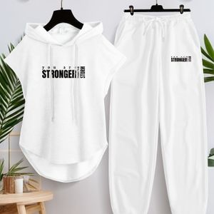 Dames Casual Mouwloze Hoodie en Broek Set | Trekkoord, Alfabet , Alle Seizoenen, Pullover Stijl, Regular Fit