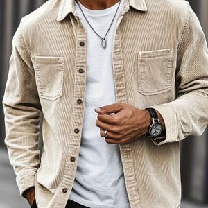 Herren Corduroy Casual Overhemdjasje - Klassieke Kraag, Knopen Lange Mouwen met Dubbele Borstzakken, Lichtblauw, Perfect voor Lente & Herfst, Alledaagse Mode, Straatstijl en Kantooroutfit