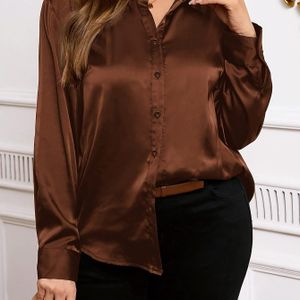 Plus Size Dames Glanzende Satijnen Twill Overhemd met Knopen