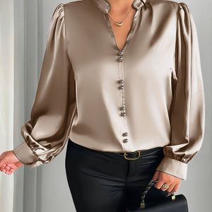 Plus Size - Elegant Bubble Mouw V-Hals Button-Up Shirt voor Dames in Grote Maten | Non-Stretch Kleur, Overhemd