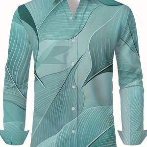 Heren Ademend Overhemd met Lange Mouwen en Groene Bladprint - Casual met Knopen, Polyester, Perfect voor Lente/Herfst