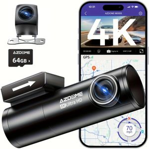 AZDOME M300S 4K Ultra HD Dual Dashcam Voor- en Achterkant, 64GB Kaart, Ingebouwde WiFi GPS Spraakbediening Auto Camera, Nachtzicht, , 24-Uurs Parkeermonitor, Loopopname