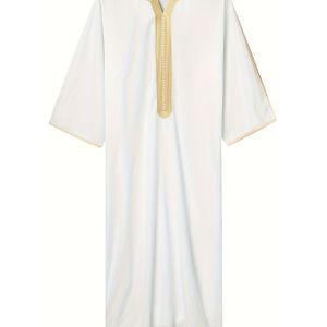 Arabische Thobe - Elegante Witte & Gouden Geborduurde Kaftan met Rits, Losse Pasvorm, Driekwart Mouwen, Casual Stijl voor Alle Seizoenen, Casual |Geborduurde Gewaad|Rits Gewaad