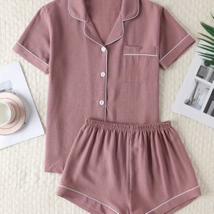 Comfortabele Pyjamaset Met Korte Mouwen, Knoopsluiting En Reverskraag, Inclusief Elastische Shorts, Damesnachtkleding