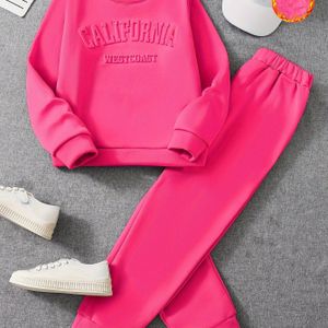 Meisjes Herfst Ronde Hals Sweatshirt met Hoogwaardige Grijze Print Koreaanse Stijl Dikke Pasvorm Broek Sweatshirt Set, Perfect voor Buiten