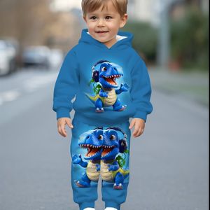Hoodie en broekset voor jongens, schattig cartoon-dinosaurusprint, casual comfortabele outfit voor lente/herfst, perfect voor buiten
