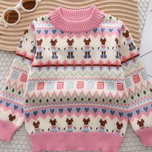 Betoverend golvend gebreid jacquard truitje voor meisjes, met fleece gevoerde ronde hals warme pullover herfst/winter laag bovenkleding, meisjeskleding.