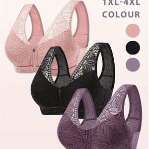 3- Plus Size Set met Rits aan de Voorkant, Damesmode Niet-Wireless met Knopen, Comfortabele 3- Set