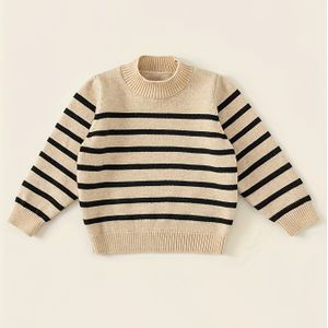 Meisjes Zwarte & Kleurblok Gestreepte Trui - Rekbare Ronde Hals Lange Mouwen Pullover, Casual Top voor Alle Seizoenen, Handwas Alleen, Comfortabele Breiweefsels
