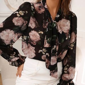 Blouse met bloemenprint en strikhals, elegante blouse met lange mouwen voor lente en herfst, dameskleding