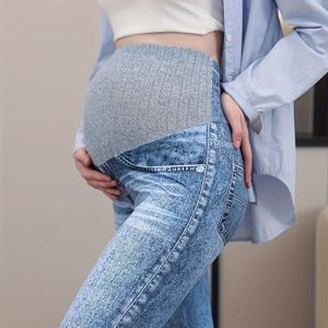 Dames Materniteit Hoge Taille Denim met Denim Print - Stretchy, Comfortabel & Stijlvol Lange Broek voor Zwangerschap, Perfect voor Lente/Zomer/Herfst, Hoge Taille Denim