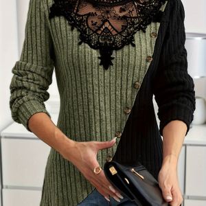 Vrouwen's Polyester Color Block Gebreide Top, Casual Ronde Hals Lange Mouw T-Shirt, met Kant Detail en Accenten, voor Lente/Herfst