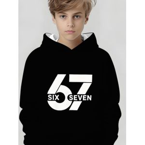 Six Meme 67 Logo Jongens Hoodie - Zwart met Witte 67 Nummer & Lettering Print, Casual Streetwear Pullover voor Tieners & Jongeren, Lente/Herfst Kleding, Duurzame Hoodie voor Alledaagse Outfits