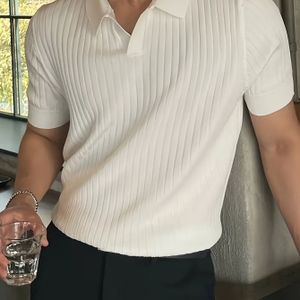 2024 Nieuwe Heren Poloshirt met Korte Mouwen en Klein Gat - Beige, Medium Stretch, Kleur, Regular Fit, Casual Trui | Minimalistische Stijl | Gebreide Constructie, Vesttrui