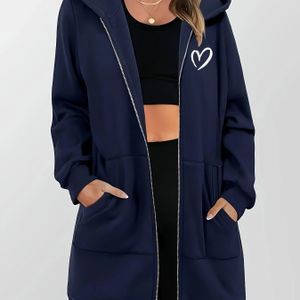 Marineblauwe Dames Hoodie met Rits en Hartontwerp - Casual Lange Mouwen Trui, Geometrisch , Lente/Zomer/Herfst , Casual Hoodie | Hartpatroon Hoodie | Hoodie met Rits