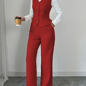 Een nieuwe zomercolllectie van vrouwen: casual, elegant en uniek -kleurig mouwloos single-breasted vest met getailleerde taille + hoge wijde broek tweedelige set