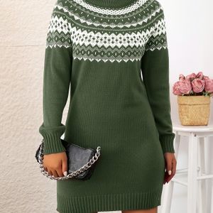 1pc Elegante geometrische trui jurk - Vrouwen Lange mouw Crew hals Midi jurk, 100% acryl Bodycon sweater jurk voor herfst/winter, knie-lengte gebreide jurk