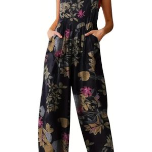Chique Dames Jumpsuit met Bloemenprint en Knoopsluiting - Mouwloze Polyester Jumpsuit met Wijde Pijpen, Machinewasbaar, Perfect voor Herfst/Winter