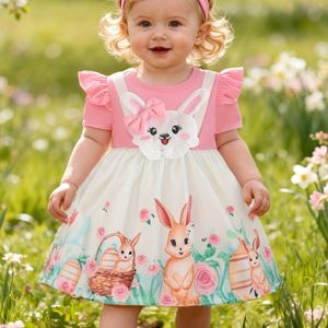 Roze Konijntje & Bloemenjurk met Bijpassende Hoofddoek - Korte Mouwen A-lijn Smock Jurk, Gerimpelde Zoom & Paraplu voor Paasoutfit, Lentefeest, Wasmachinebestendige Kleding, Perfect voor Buiten