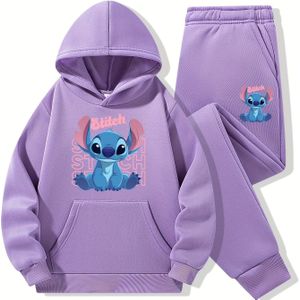 2 stuks Meisjes Mode Disney Stitch Cartoon Print Hoodie + Broek Set, Herfst/Winter Fleece Gevoerde Comfortabele Casual Sportkleding voor Dagelijks en Buitenactiviteiten, Ideaal voor Outdoor