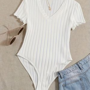 Dames Sexy V-Hals Geribbelde Bodysuit - Stretchy H-Lijn Pasvorm, Korte Mouw, Kleur, Veelzijdige Top voor Casual & Formele Outfits, Casual Kleding|V-Hals Top