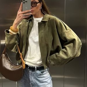 Vrouwen Casual Olijfgroene Jas - Losse Pasvorm Korte Bovenkleding met Revers, Lichtgewicht Jas voor Lente & Herfst, Veelzijdig voor Casual of Chique Outfits