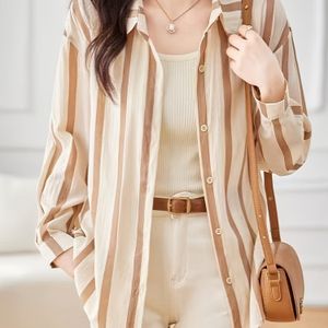 Women's Casual Striped Long Sleeve Button-up Shirt - Lightweight Polyester, Beige & Brown Vertical Stripes, Turn- Collar, Spring & Fall Outfits