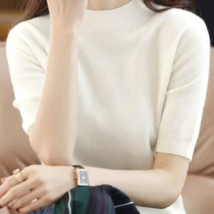 Elegante halfmouw gebreide top, 45.3" x 21.3", kleur, geribde detail, ronde hals, vijfkwart mouw, alle seizoenen , casual elegante dracht | Half Sleeve Top | Gebreide constructie, gebreide trui