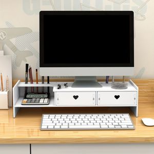 Ergonomic Adjustable Desktop Monitor Riser With 2 Storage Drawers & Heart Cutouts - White Pvc Computer Desk Organizer For Office, Home , Space-saving Design