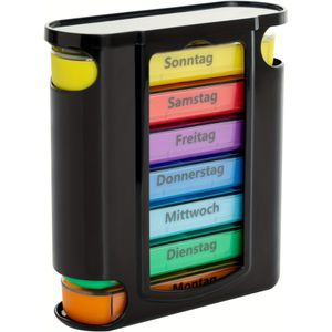 Duitse Bedrukte Pillendoos met 7 Dagen en 4 Vakken - een Handige Draagbare Medicijndoos - Senior-Vriendelijke Pillenorganizer - Wekelijkse Doos voor Ochtend, Lunch- en Avond-supplementen