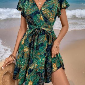 Dames Zomer Bloemenprint Jurk - V-hals, Korte Mouw, Detail, Casual Strandjurk met Tassel Band, Perfect voor Vakantie en Casual Kleding, Strandkleding | Bloemenprint Jurk | Detail, Strandjurk