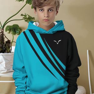 Jongens Blauw & Zwart Colorblock Hoodie met Witte & Print - Zachte Casual Pullover Hoodie, Lange Mouwen Trui voor Buitenspelen & Casual Kleding (Wasbaar in de Machine) - Kinderkleding