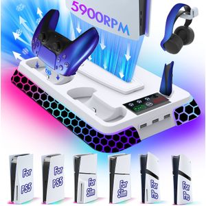 Koelstation voor PS5/Pro/Slim console met RGB-verlichting, met koelventilatoren op 3 niveaus, dubbele controlleroplader en USB-hubs