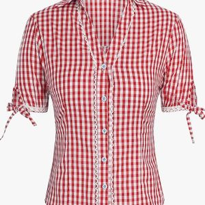 Plus Size Elegante Rode en Witte Gingham Blouse, Polyester Non-Stretch Geweven Hemd, met Revers kraag en Ruffle Manchetten, Geometrisch voor Alle Seizoenen