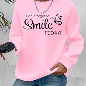 Damespolyester crew neck sweatshirt met "Vergeet niet vandaag te glimlachen" & vlinderafdruk, gebreid , alfabetpatroon, herfst/wintermode top, 250g/m² - Zwart