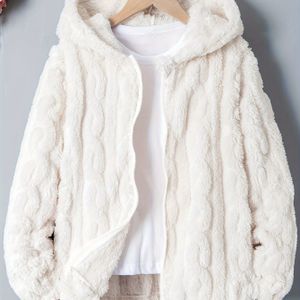 1pc Dames Casual Coral Fleece Jas met Kap - Kleur Polyester Breiweefsel, Lange Mouw, Ruime Pasvorm, Licht Elastisch, Rits, Geen Riem, Herfst/Winter Warmte