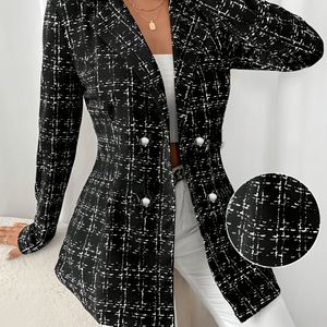 Dames Casual Zwart-Wit Geruit Print Dubbelrijige Lange Mouwen Blazer