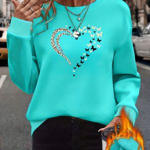 Dames Elegante Crew Neck Sweatshirt met Luipaard Print Hart en Vlinder , 100% Polyester Breiselstof, All Season Lange Mouw Pullover