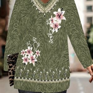 Plus Size, Elegante V-Hals Lange Mouw T-Shirt - Olijfgroen met Roze & Witte Bloemenprint, Blouse, Kreukbestendige Casual tot , Machinewasbare Losse Pasvorm Shirt
