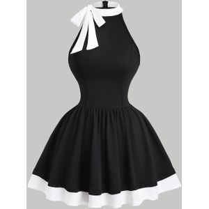 Elegant Black & White Sleeveless Dress With Bow Detail - Chic Mock Neck, Flared Hem, Commuting, Dates, And Casual , Commuting Dress | Mock Neck Dress | Stylish